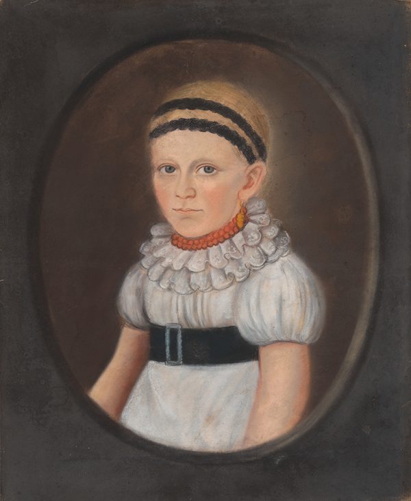 A young girl wears a white dress with black belt and headband. She wears a Regency period coral necklace. The tradition of giving children coral necklaces continued through the 19th century.  The gemstone was considered a guardian of sorts, protecting children from illnesses like stomachaches, fever, typhus, smallpox, and rickets.