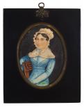 The painting is on a cardboard backed with wall paper. Woman wearing blue dress with white collar and bonnet.