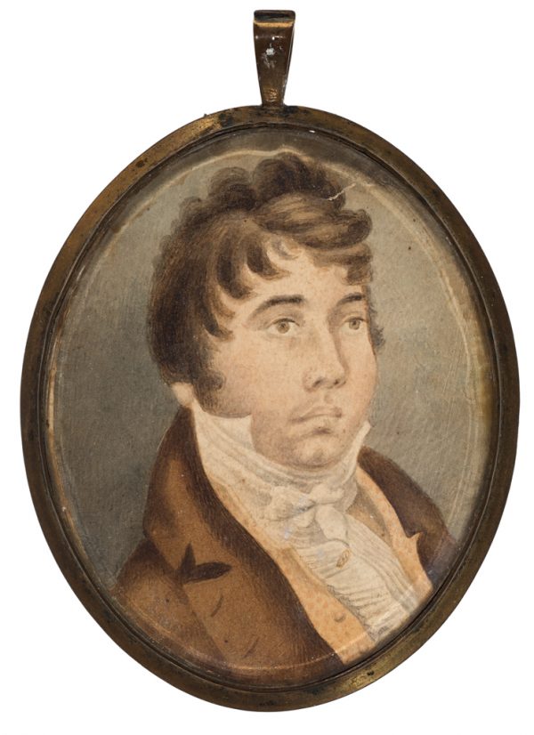 A watercolor of a man wearing a brown jacket with white shirt and  high collar. The verso has several lock of hair on an ivory backing. All is encased in between two beveled oval glass with gold fittings.