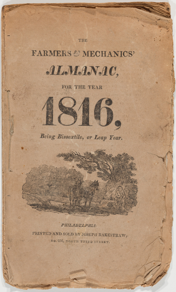 The Farmer's and Mechanic's Almanac of 1816. On the front there is an image of a figure sitting beside two horses and a plow.