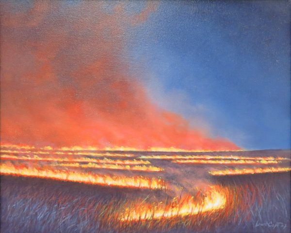 A scene of the prairie being burned. The line of fire curves and fills the horizon and much of the left sky. The Kansas Fint Hills are burned annually, in spring. This scene is most likely in either Chase or Morris County.