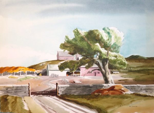A road leads to a farm past a stone fence, with a large tree at right. The barn is pink and white, with a yellow thatched pole shed at the left. A figure climbs a hill to another pink barn with a silo to the right.