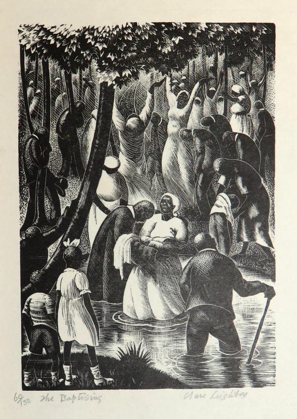 A crowd, some wearing all white, some in black, gather at a stream. In the water, a woman in white is being baptized by a preacher. A man with a cane, is in the stream, to the right ,and in the foreground a boy and a girl watch from the bank.