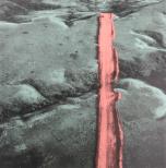 An arial view of a gray landscape with a road running vertical in the composition. The road is is a bright pink.