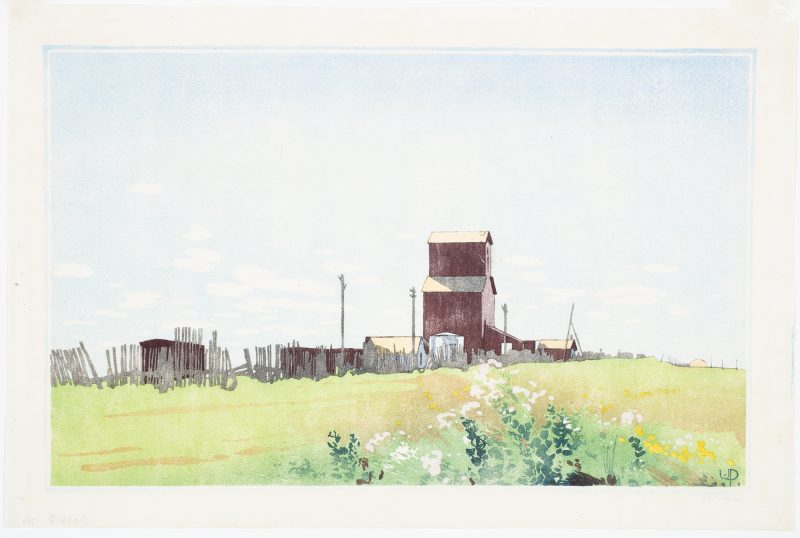 A reddish/brown grain elevator is just right of center, with wild flowers in the foreground. To the left, is a wood picket fence and electric poles are framed by white clouds on blue sky.