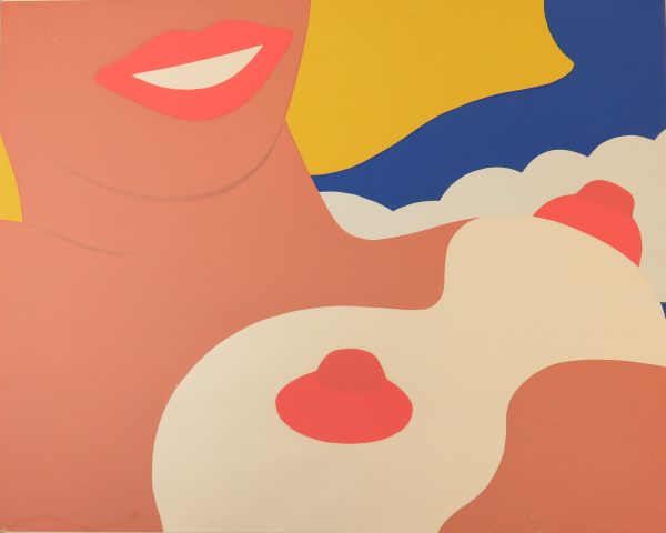 A torso, and partial lower face of a nude female. The figure is stylized, with flat, bright colors.