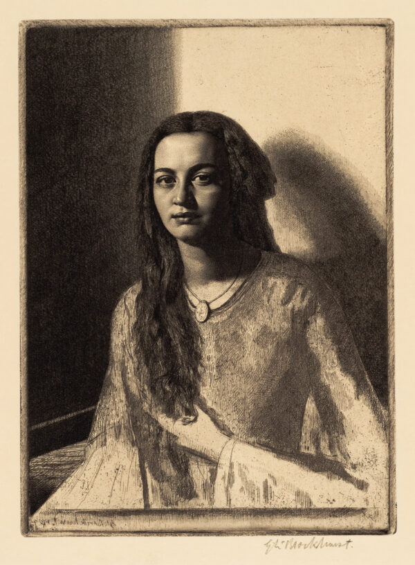 A portrait of a Creole lade. A painting in the Metropolitan Museum of Art in New York by Brockhurst is related to this etching; the model is the same woman.
