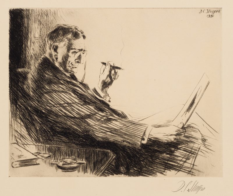 California Society of Printmaker 1931gift print A seated man smokes while reading the paper. A table is to his right holding an ashtray, a lighter and a book.