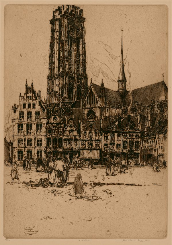View of St. Rumbold's Cathedral in Mechelen, Belgium, (St. Rombaut - Malines) People fill the square in front of the Cathedral including a man with a push cart that is laying down. A young child, with her back to the viewer is in the center foreground.