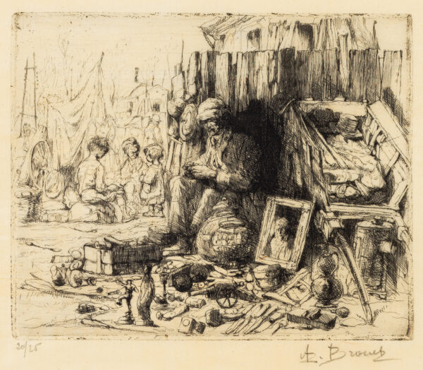 A man sits surrounded by his cart on the right and wares for sell spread on the ground in front of him. Three children are in the background at the left.