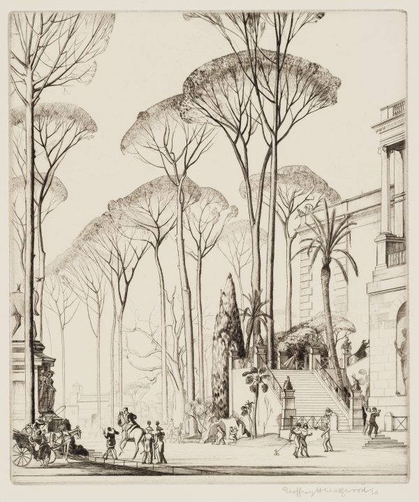 Chicago Society of Etchers Presentation Print no. 21, of 1930 A view of the Capitaline, Rome with extremely tall trees. Figures,horses and buggy use the street and sidewalk in front of statute of a horse on the left and a buildng with palm tree on the right.