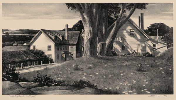 1940 Prairie Print Makers gift print. Buildings behind a hill and group of trees near Castine, Maine