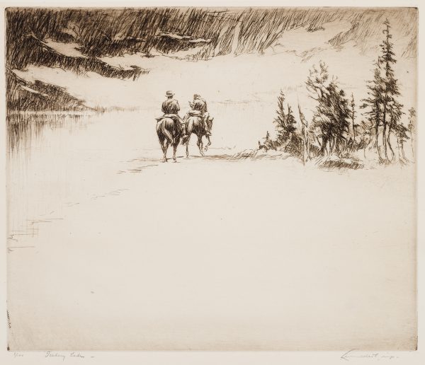 Two men on horses are riding away from the viewer towards a stormy sky. There is a small group of trees to the right.