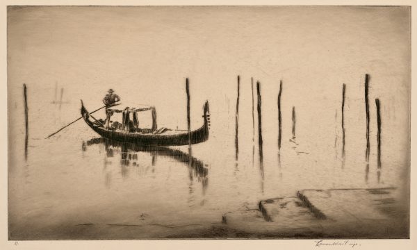 A gondolier paddles through the misty lagoon, through poles in the water, toward steps on the right.