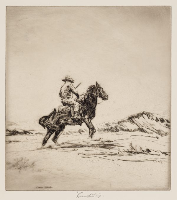 1933 Prairie Print Makers gift print. A man is on horseback with a shotgun.