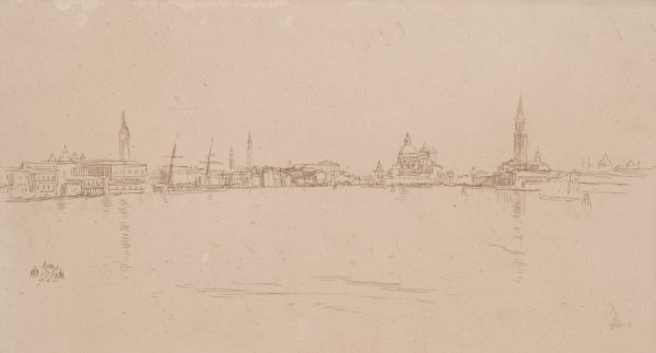 Print showing the Venice lagoon with buildings, including the church of the Santa Maria della Salute, in the background. Cat Raisonné: Kennedy (1910), 215