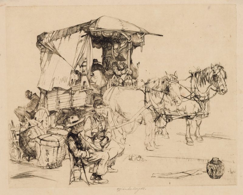 One of Winkler's Chinatown, San Francisco series, this image is of a team of horses that stand hitched to a cart, with the driver relaxed in the seat. Two other men sit to the left with baskets behaind them.