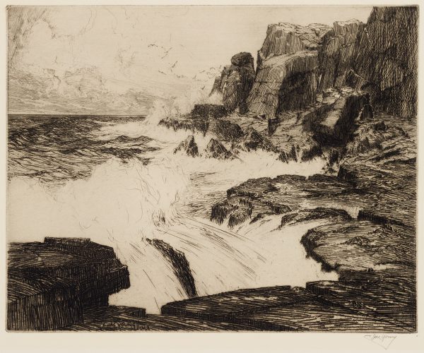 Brooklyn Society of Etchers presentation print A rocky Maine coastline with white surf, and sea birds in the distance