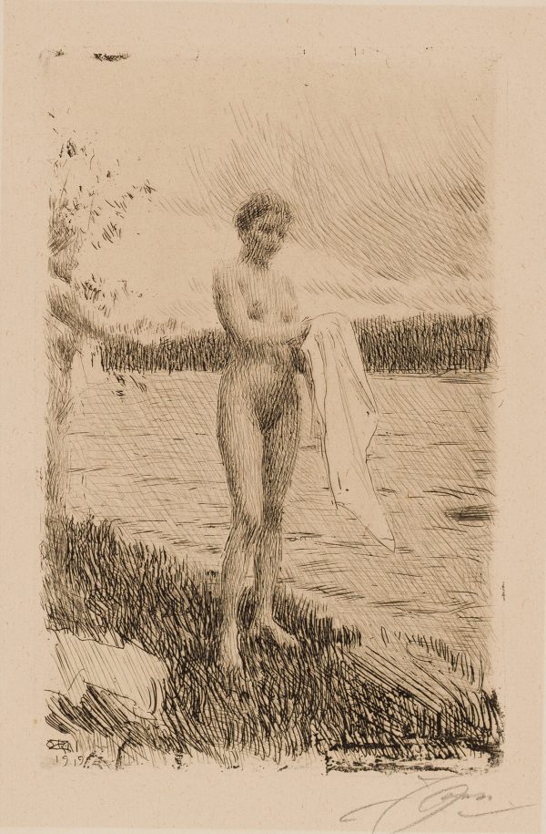 A female nude stands with white cloth on the banks of a river. The far bank is visible and clouds are represented in the upper right