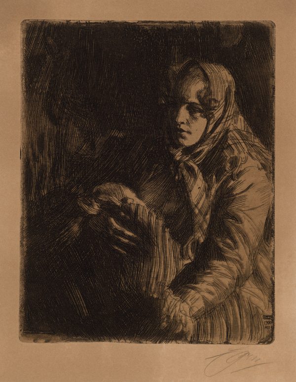 A seated mother holds her child in her arms. Zorn painted Madonna after an argument with the Swedish art critic Tor Hedberg (1862–1932). According to the largely anticlerical Zorn, he executed and named the painting “Madonna” because he wanted to demonstrate his religious feelings. Zorn described the scene as a remorseful mother confronted by her former fiancé. Read together with the man in the background (hardly discernible at the upper right of the etching), this subject is strongly reminiscent of the Holy Family.