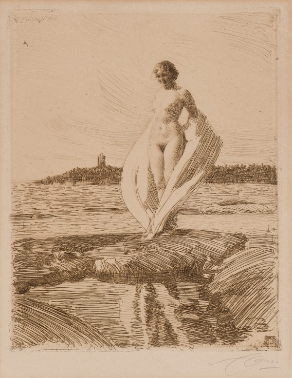 A female nude stands with white fabric billowing on both sides. She stands on a rock among other rocks and water behind. In the distance is a small tower.