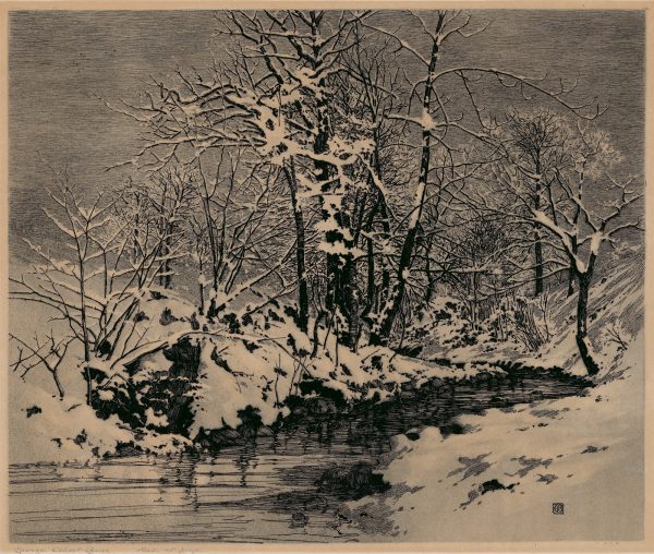This winter scene features a brook and snow-clad trees. Winter Morning was awarded a Silver Medal from the St. Paul Institute in Minnesota in 1916. In 1919 Winter Morning was awarded a first prize at the Colorado State Fair.