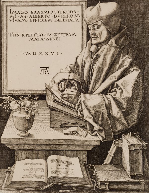 Erasmus was a Roman Catholic reformer and Netherlandish humanists. Erasmus stands writing in his study, with the books that indicate his substantial intellect and scholarship arranged around him. The vase of lilies probasbly refers to the purity of his mind.