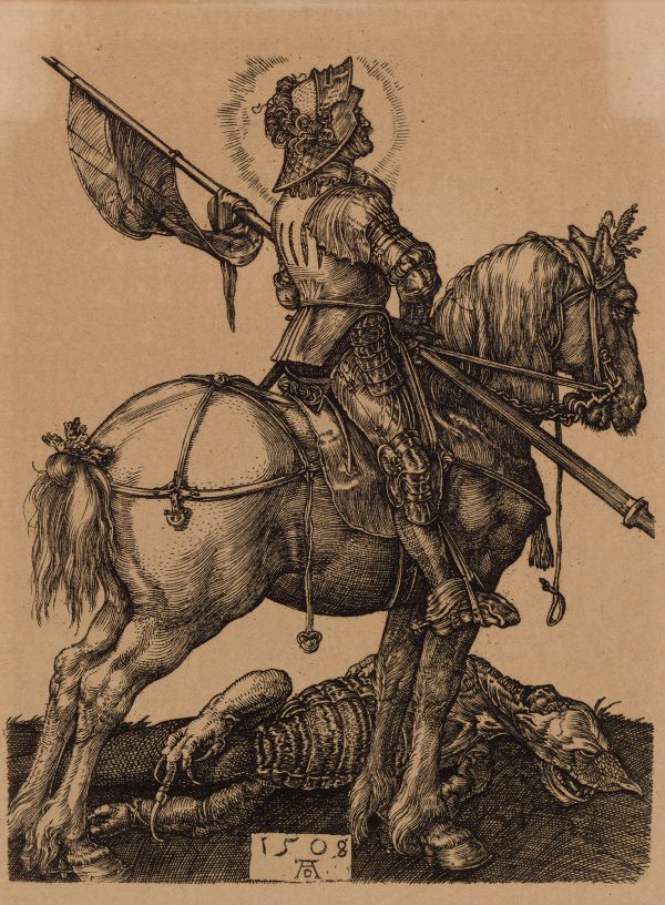 St. George is on his horse, seen from the side, with a slain dragon laying below. He carries a flag and the sun forms a halo around his head.