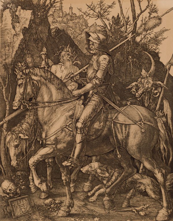 Dürer's Knight, riding steadfastly through a dark Nordic gorge, past Death on a pale horse, who holds out an hourglass as a reminder of life's brevity, and is followed closely behind by a pig-snouted Devil. As the embodiment of moral virtue, the rider—modeled on the tradition of heroic equestrian portraits with which Dürer was familiar from Italy—is undistracted and true to his mission.