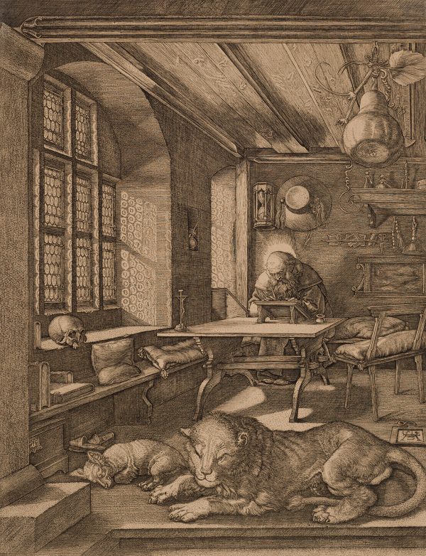 The lion and cardinal's hat allow us to identify the figure as St Jerome (382-405). The skull and the crucifix are reminders of death, and the Christian means of salvation and everlasting life. Dürer depicts the saint in a sunny spacious study.