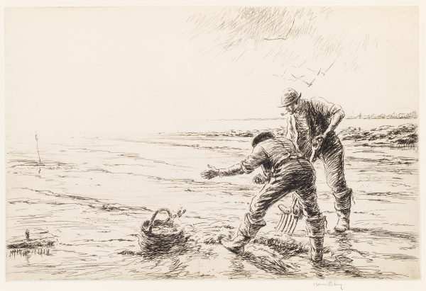 A Chicago Society of Etchers 1931 presentation print. The scene is Maine of two men digging clams with the receding ocean in the background.