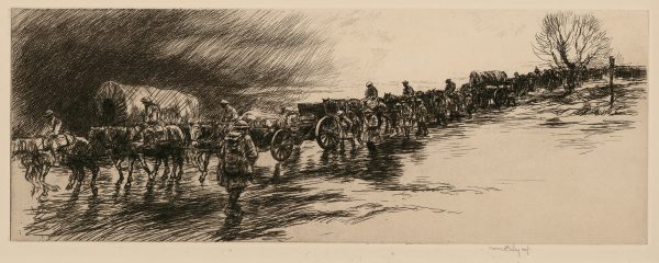 This etching was based on Eby's World Ear I experience in France. It depicts a line of horses pulling covered wagons with men in military uniforms, their heads are bowed.