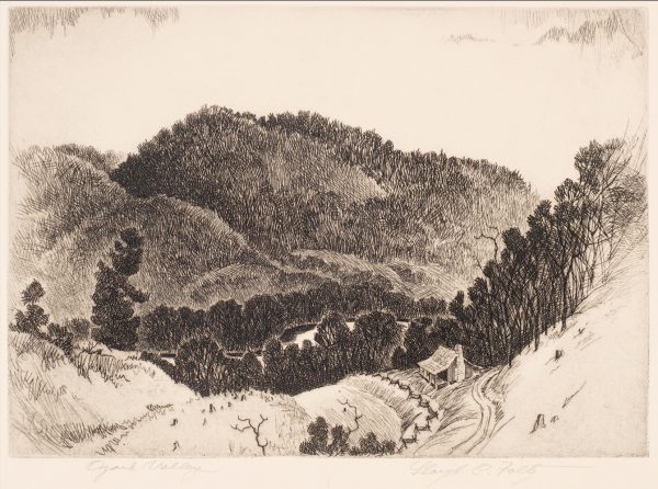 1935 Prairie Print Makers gift print.
A cabin in a valley surrounded by trees.