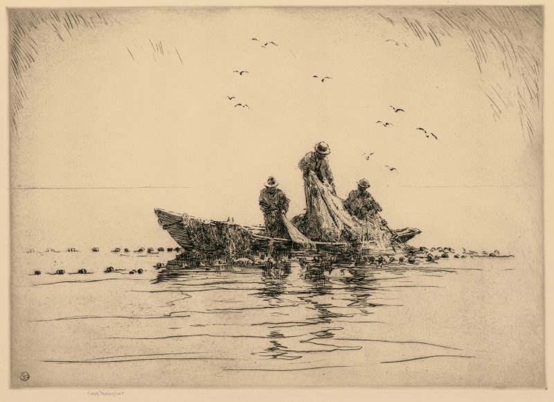 Three men in long boat pulling in a seine; pattern of floats on water; seabirds in flight.