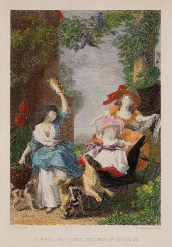 The three youngest daughters of George III; Princess Mary on the left, holding a tambourine in her left hand; Sophia on the right, holding hands with Amelia, who sits in a carriage, two dogs at the centre and another on the left, garland above with two parrots