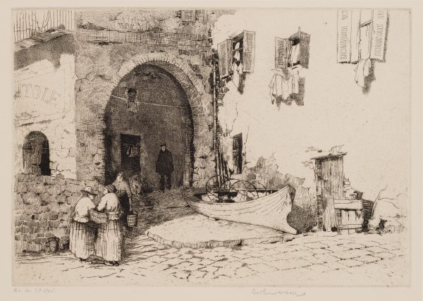 Three women with baskets stand at an arched entrance. A man is in the shadow of the arch and at the right is a boat resting on the street.