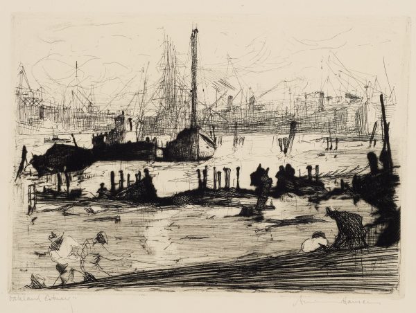 A busy seaport is seen with pairs of men on either side of the foreground, pulling on ropes.