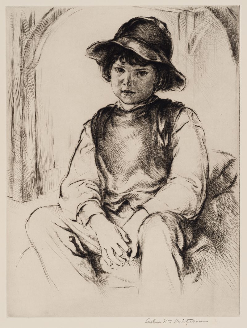 A young boy sits (almost full figure) with hands folded between his knees. He is wearing a hat. An arch is behind him.