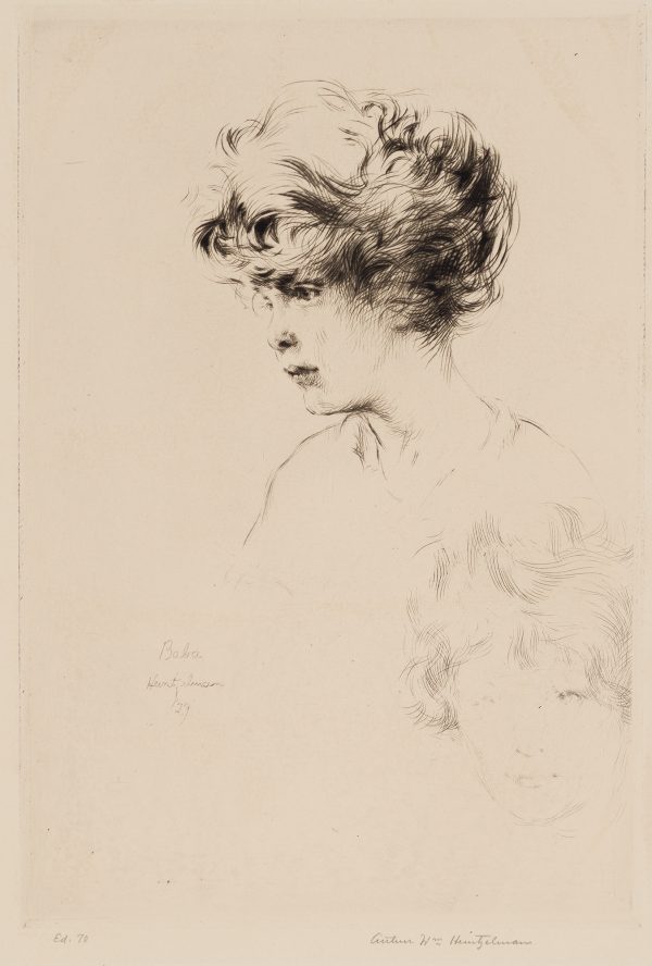 A 3/4 view of a woman in short hair, looking to the left. A faint sketch of another head, possibly the same woman, is in the lower right.