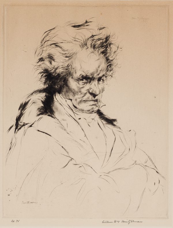 The composer Beethoven is seen with highly detailed head and collar, but his folded arms are just a sketch.