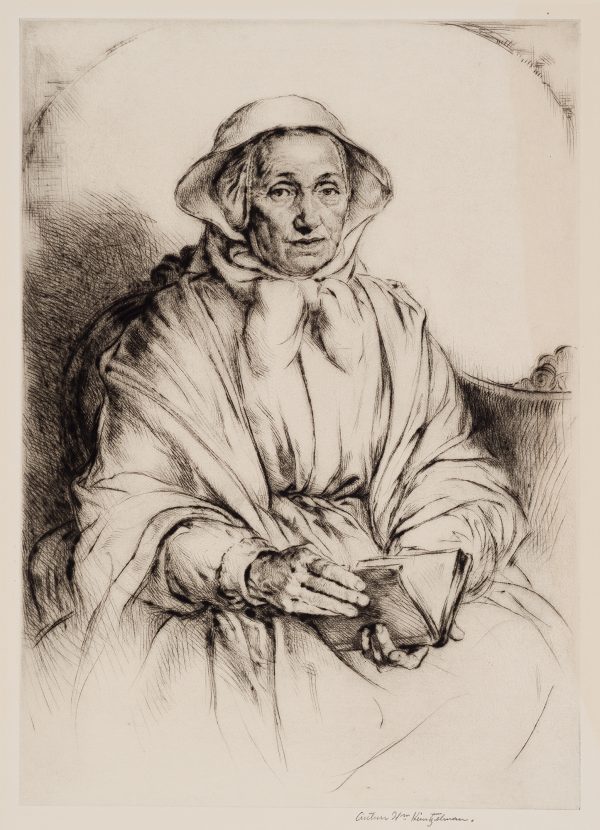 An older woman in 3/4 view wears a hat tied below her chin. She has a open book in her lap.