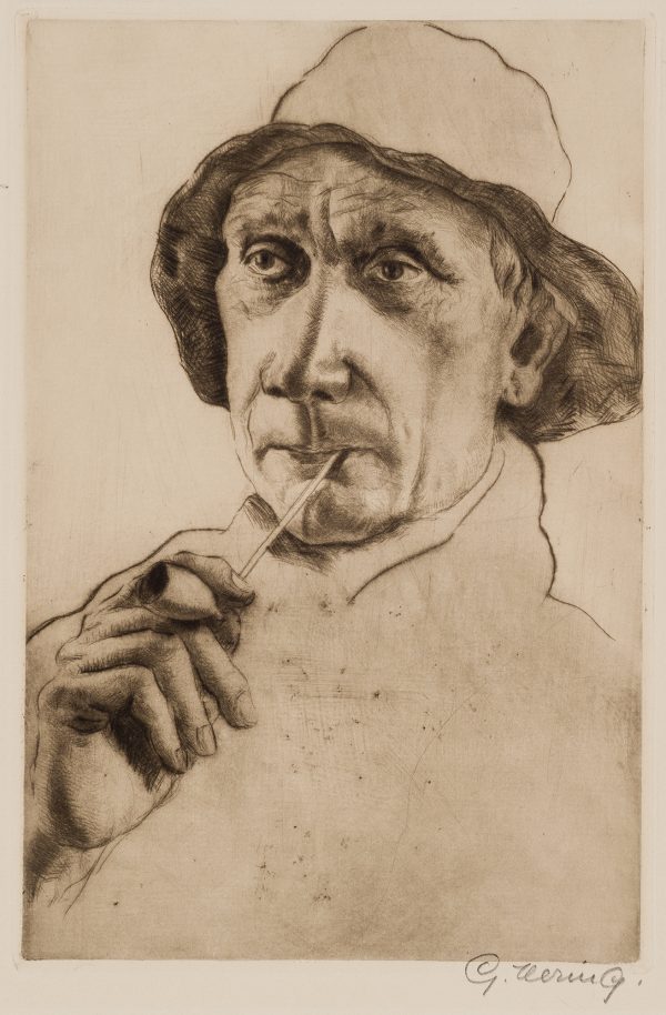 A man wears a skipper's hat and holds an unlit pipe, in his hand, to his mouth.