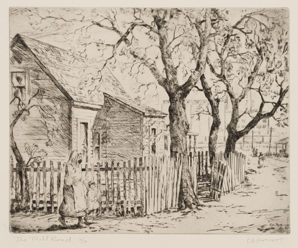 A hooded woman wearing an apron guides a small child around the corner of a street. Houses, trees and a picket fence are in the background.