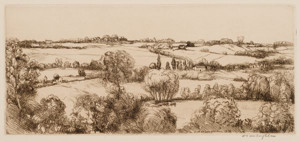 Society of American Etchers folio The scene is Brie Country, Near Paris. A pastoral landscape with several houses and farm buildings; grazing cattle; gently rolling fields divided by trees; hedges; stone walls.