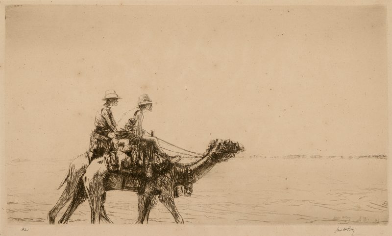 The image shows two guides in front of the Camel Patrol, gazing fixedly ahead. In the distance, a mirage had appeared giving the momentary impression of smoke signals. In the summer of 1917 James McBey was appointed by the War Office to the post of Official Artist in Egypt. He accompanied the Australian Camel Corps and the troops throughout the desert war, witnessing the attack on Jelil and the liberation of both Jerusalem and Damascus.