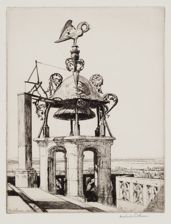 California Society of Printmakers 1932 gift print The image is of a weathervane in the shape of a bird installed over a bell tower.