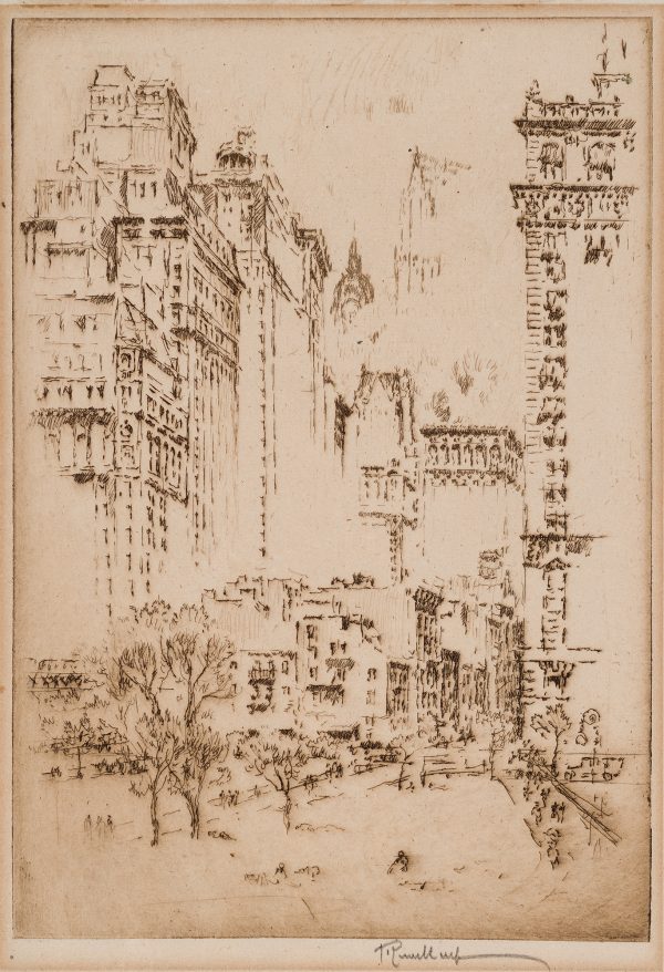 View of New York City including a park area with trees and people, immense apartment buildings, store fronts and the Empire State Building in the distance.
