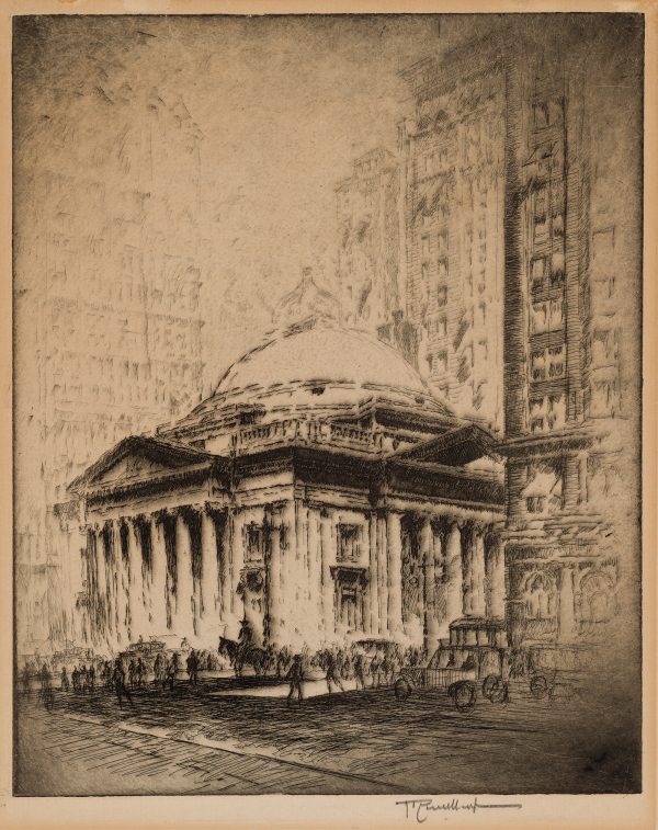 Pennell's first etching of the Philadelphia Girard Trust Building with figures in the street in front and several cars at the right.