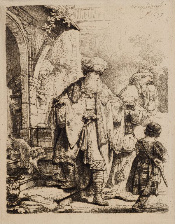 Abraham, standing with his right foot on his door-step about to return into the house, extends both hands while he dismisses Hagar and Ishmael. A little dog is on the steps with his forefoot raised.