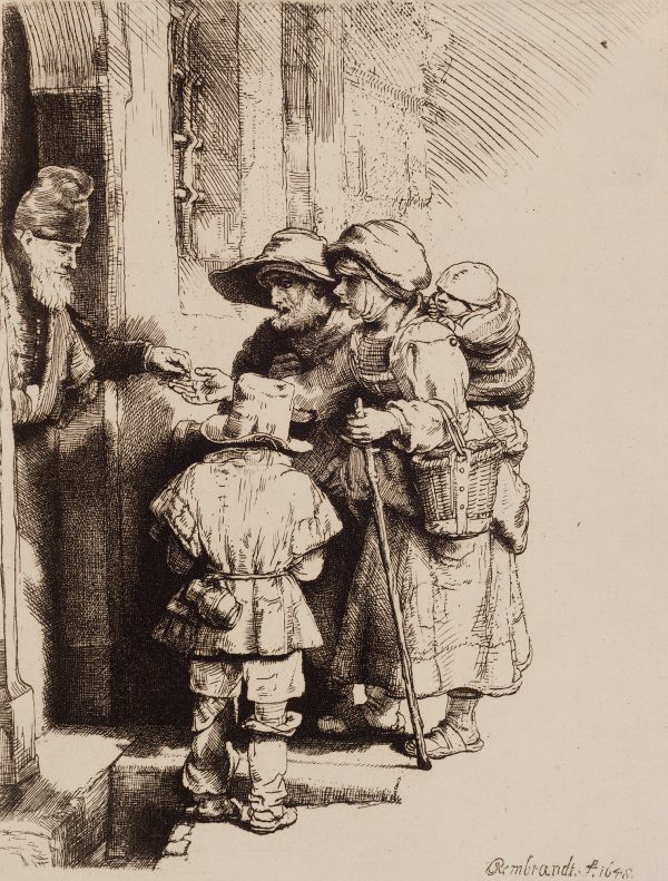A man in a doorway gives a coin to a needy family .